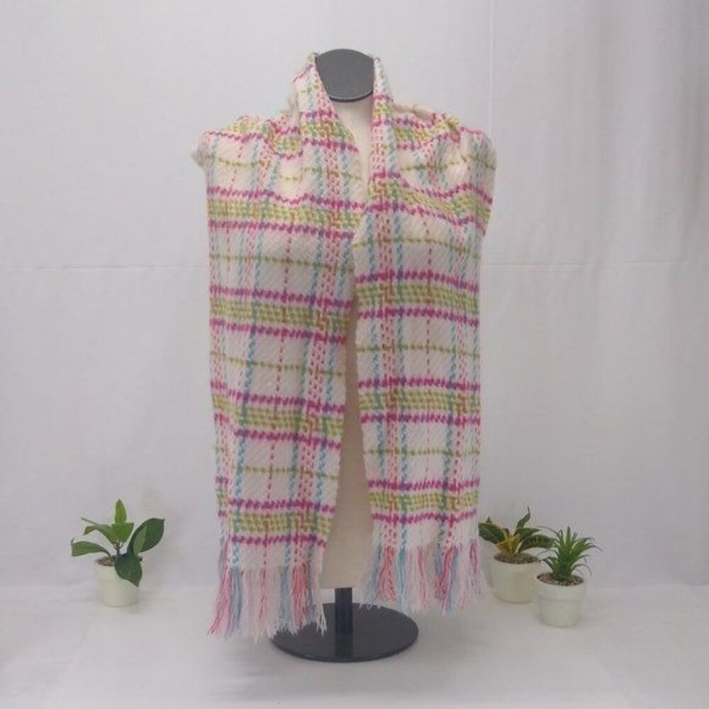Cashmere Scarf Cotton Candy Plaid With Tasseled Ends 65" x 12" Vintage England